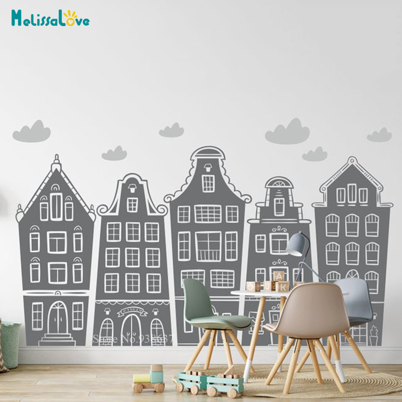 Baby Nursery Package - Scandinavian Houses & Clouds Decal Nursery
