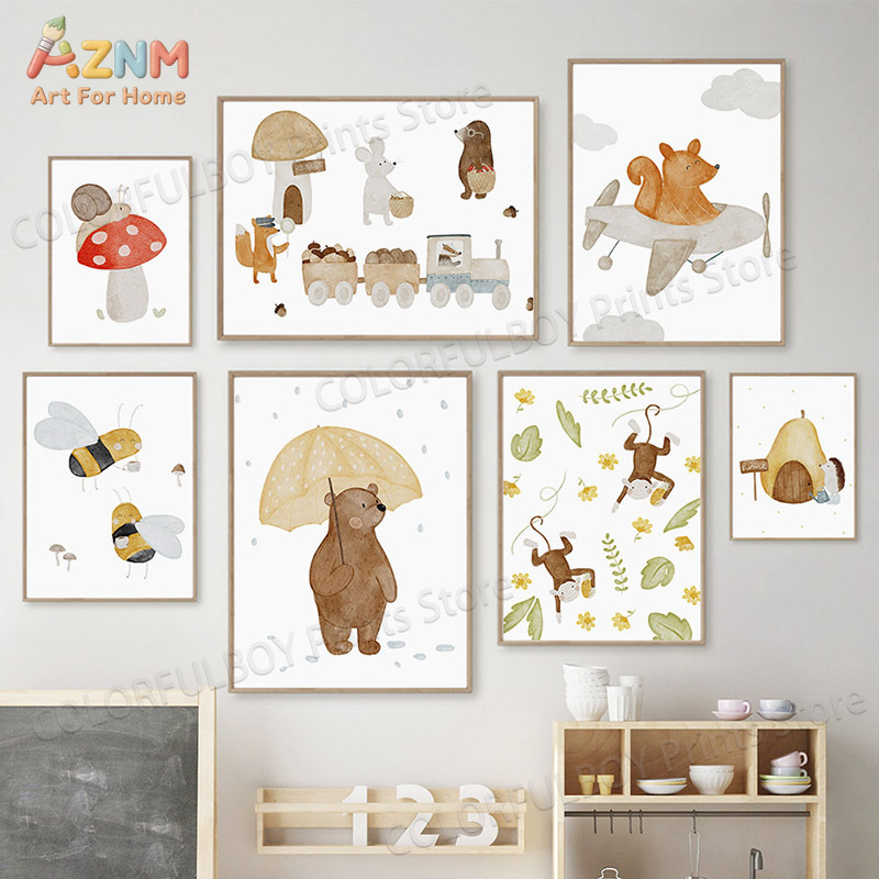 Baby Nursery Pictures - Boho Animals Bear Rabbit Hedgehog Monkey