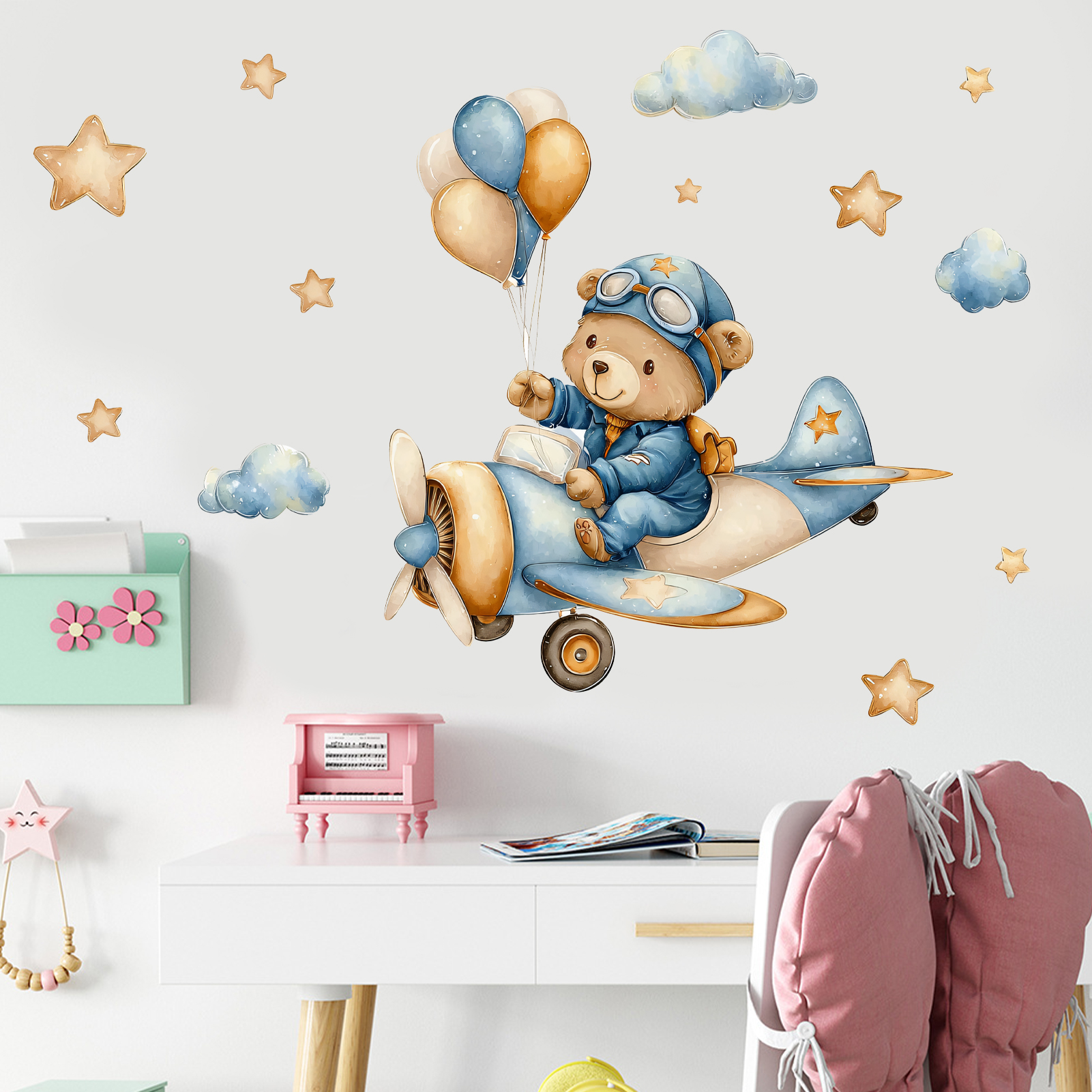 Watercolor Aviator Teddy Bear  – Baby Nursery Wall Stickers Bewertung und Preis